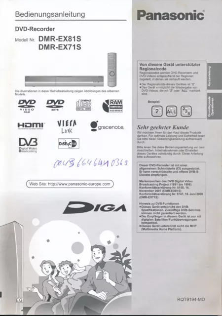 Panasonic DMR-EX81S DMR-EX71S Bedienungsanleitung Deutsch HDD DVD Recorder