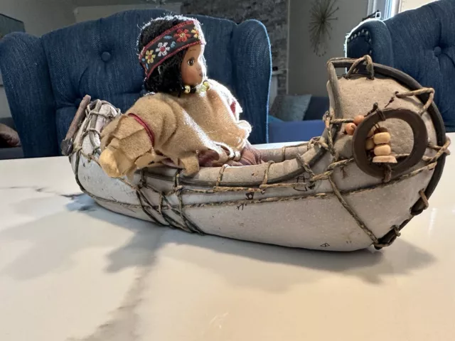 9.5" Long Handcrafted Soft Grey Leather Canoe w/Resin Native Indian Girl