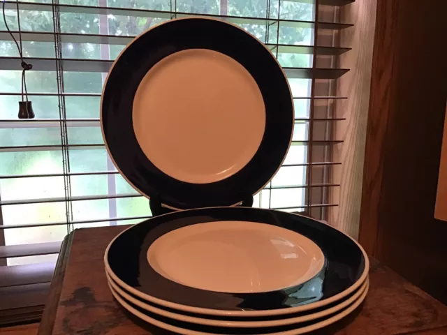 4 Vintage Syracuse China 10 1/2” Navy Blue Band  Dinner Plates