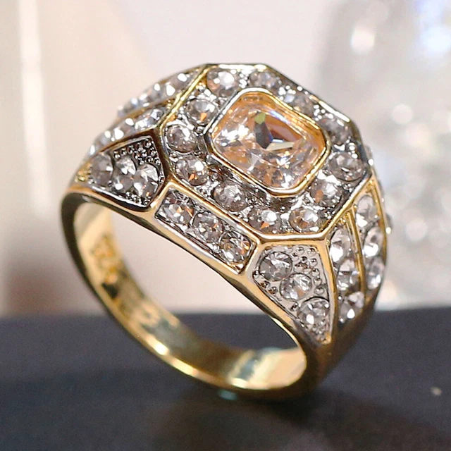 Fashion Punk Gold Square Rings for Men's Zircon Jewelry Party Band Ring Sz 7-13