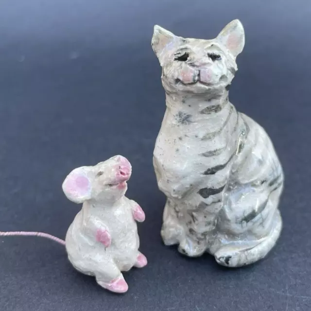 LISA SCHUMAIER Signed Raku Art Pottery Tabby CAT & RAT Mouse Sculpture Figurine