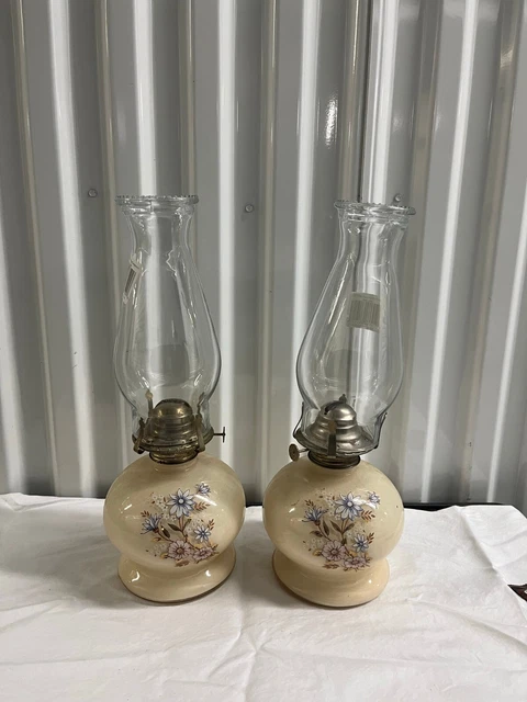 Vintage Milk Glass Hurricane Oil Lamp Hand Painted  Dogwood Flowers