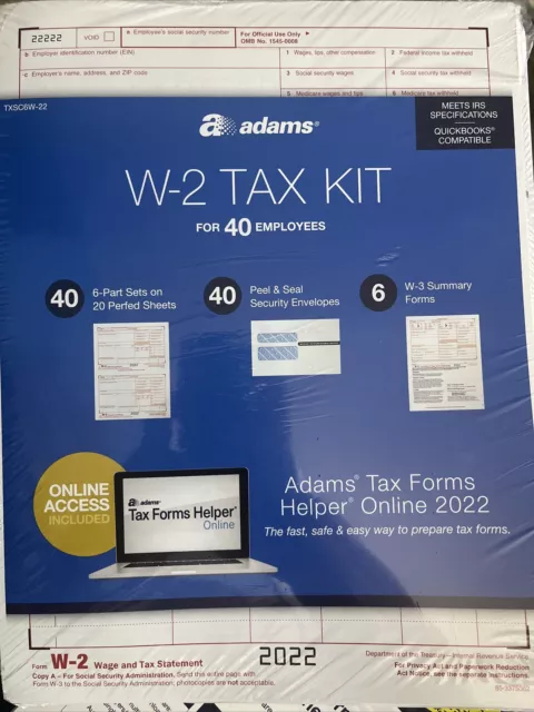 Adams 2022 40 employees W-2 Tax Kit 6-Part Set Envelopes & W-3 Summary Forms