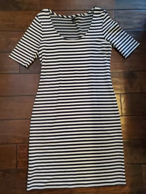 Ann Taylor Dress Medium Cream White Black Stripe 3/4 or Short Sleeve