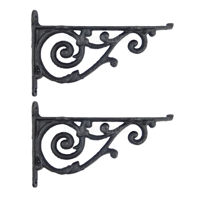 2 Black Vines Shelf Brackets Scrolls Cast Iron Antique Style 7 1/2" Imperfect