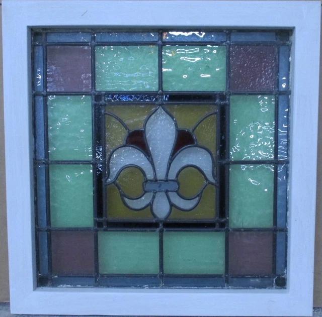 OLD ENGLISH LEADED STAINED GLASS WINDOW Pretty Fleur-de-Lis 19" x 19.25"