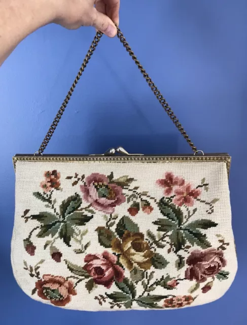 VTG Large Needlepoint Bag Purse Ivory Floral Gold Tone Chain Satin Lined Tote
