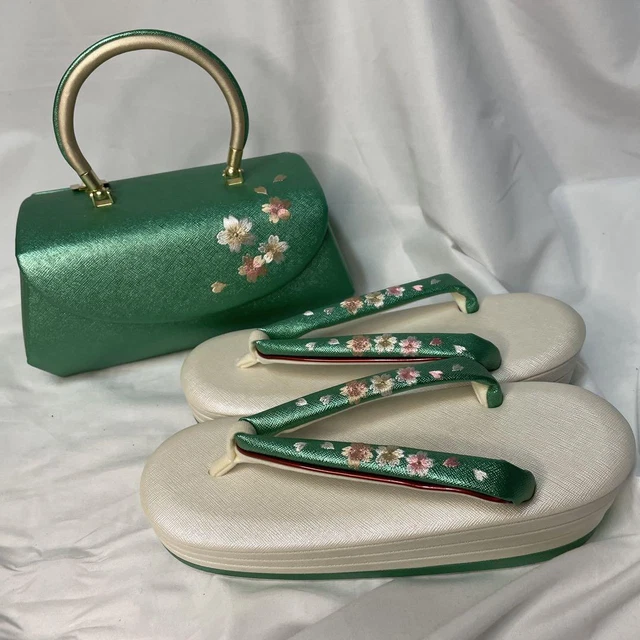 New unused zori bag set furisode cherry blossom embroidery emerald green