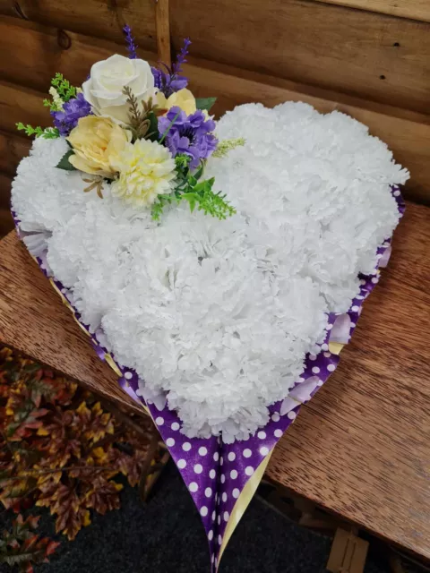 Purple, Yellow & White Memorial HEART tribute - Funeral flowers - Grave tributes