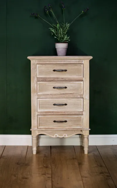New - French Louis XV Style 4 Drawer Bedside Cabinet! Rustic Bleached Look! 09