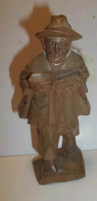 Vintage Hand Carved Wooden Figurine Man Walking Wood Carving Statue 6"H