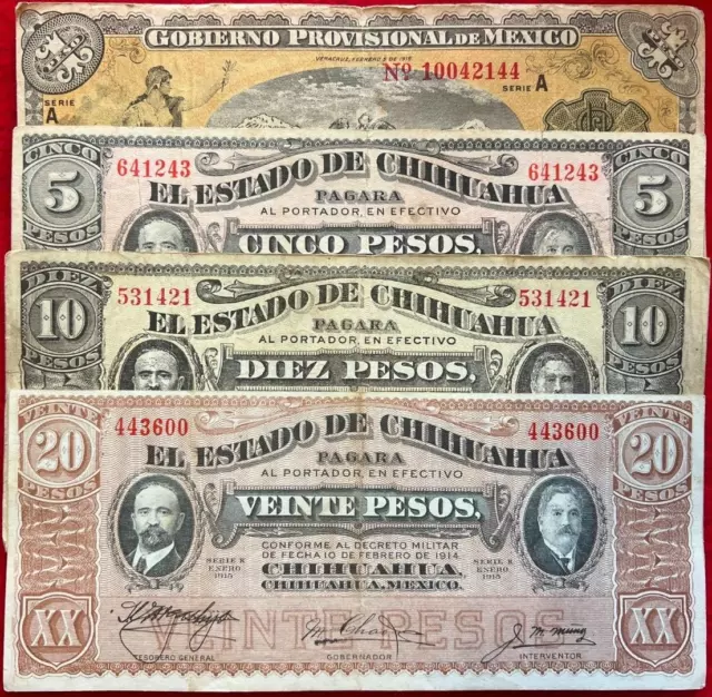 Lot of 4 Mexico Chihuahua Banknotes 1 5 10 Pesos 1915 Gobierno Provisional REV11