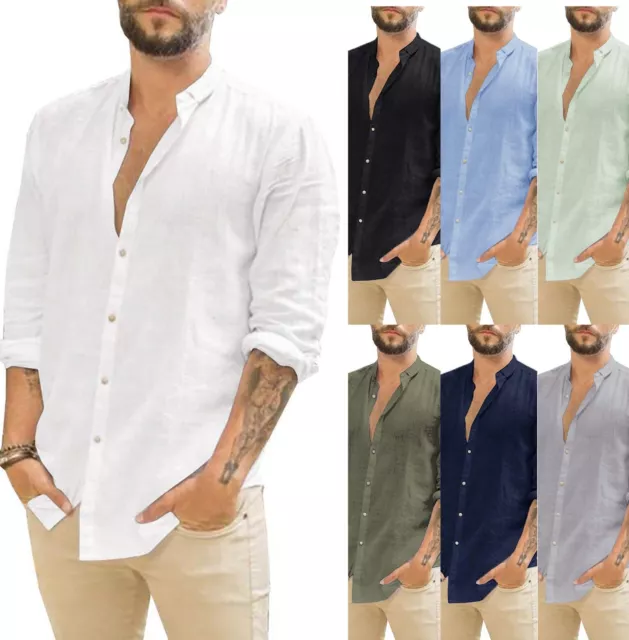 Mens Casual Cotton + polyester Shirts Long Sleeve Loose Blouse Button Down Tops