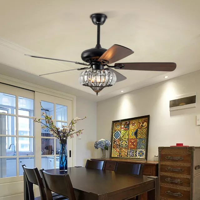 52" Crystal Ceiling Fan Light 60W 3-Speed 5-Blade Chandelier Lamp w/Remote Black