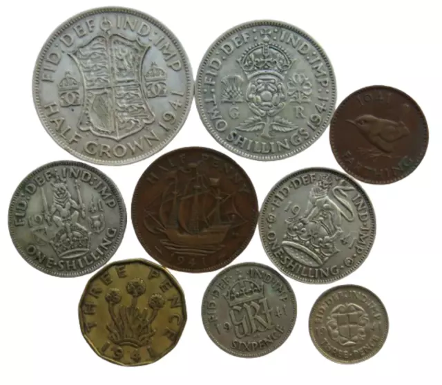 1941 King George VI 9 Coin Year Set Halfcrown - Farthing Great Britain