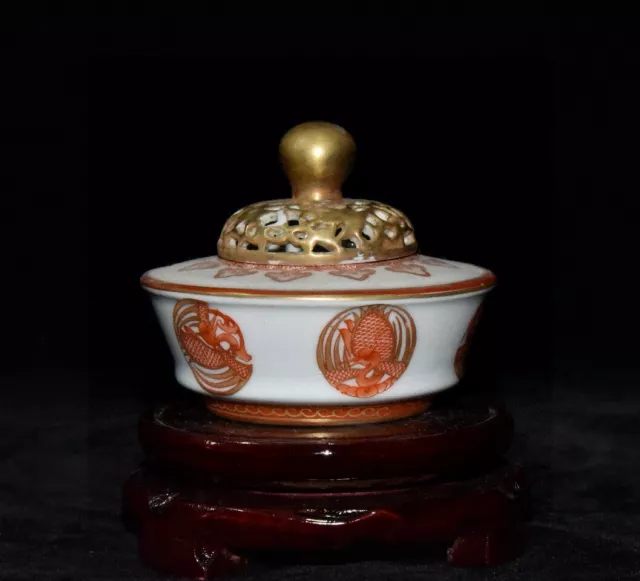 3.4" qing  dynasty yongzheng mark allite red gilt phoenix pattern lncense burner