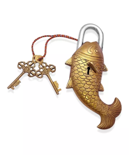 Handmade Vintage Style Rare Fish Design Functional Brass Padlock With 2 Keys