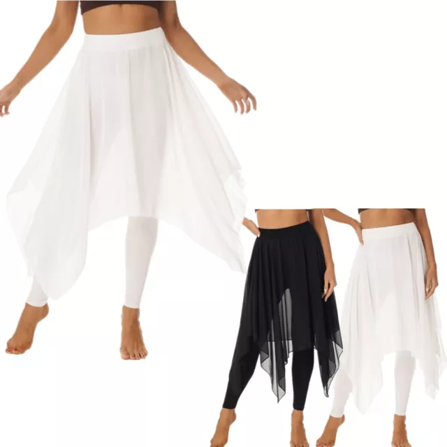 Womens Chiffon Asymmetrical Hem Skirt Elastic Waistband Dance Leggings Skirts