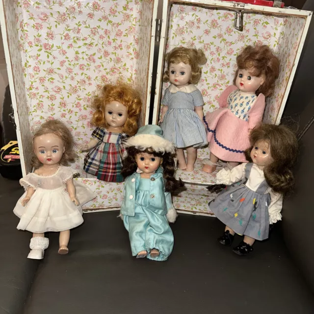 Vintage Ginny, Alex & 2 Unmarked  Dolls With Tagged Clothing And Case