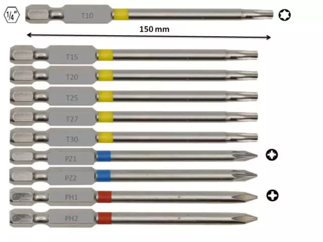 TX Langbit T10 T15 T20 T25 T27 T30 T40 (1/4" Bit 150 mm lang) für Torx Schrauben