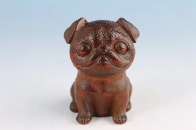 2.3" Japanese Boxwood Hand Carved Dog Statue Netsuke Collectable Home Deco