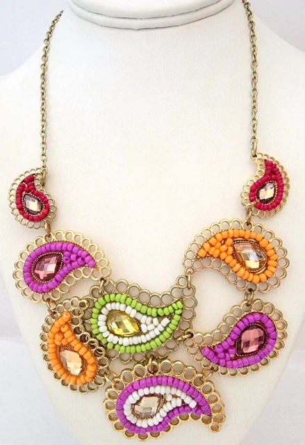 Charming Charlie BIB Colorful Seed Bead Rhinestone Paisley Gold Tone Necklace 20