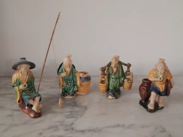4 ANCIENNES Petites STATUES Sculptures en TERRE CUITE Vernissée CHINE ASIE