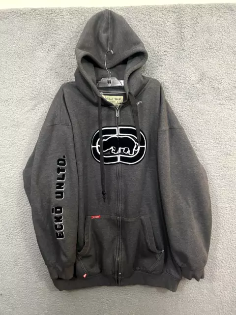 Vintage Ecko UNLTD Hoodie Mens 2XL Gray Spell Out Logo Full Zip Y2K Embroidered