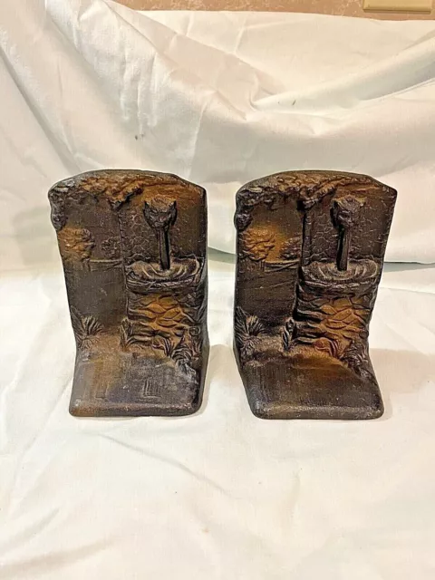 Antique Art Nouveau Cast Iron Lion Head Fountain Landscape Bookends Doorstops