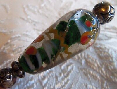 VINTAGE CLEAR MULTI COLOR GLASS ART GLASS HATPIN Brass 8&3/4 inch
