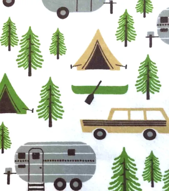 BTY*CAMPERING/TRAILERS/TENTS/CANOES/PINE TREES 100% COTTON FLANNEL FABRIC 42x36
