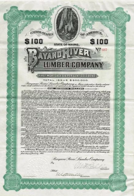 PANAMA BAYANO RIVER LUMBER COMPANY stock certificate 1909 $100 US BOND