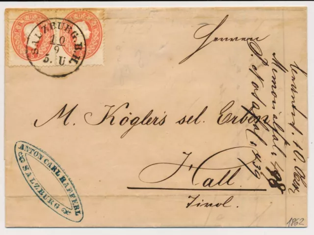 ÖSTERREICH 1862 2*5kr, Faltbrief (Inhalt) SALZBURG B.H. (S) nach HALL.