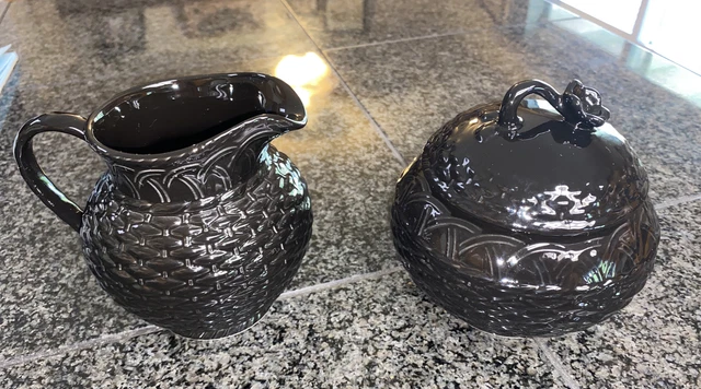 Mikasa Country Manor Black Creamer Sugar Bowl Pitcher Weaved Lattice RARE