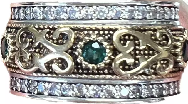 Green Emerald & Genuine Diamond band SOLID 14K Yellow gold & 925 eternity ring