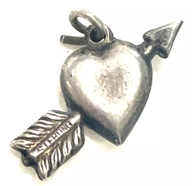 Vtg Antique Sterling Silver Puffy Heart Charm ARROW THRU HEART ART NOUVEAU