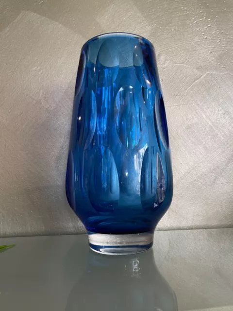 Erich Jachmann WMF Glass Vase ° 60s Cobalt-Blue Glas With Lens Cut Decor (2