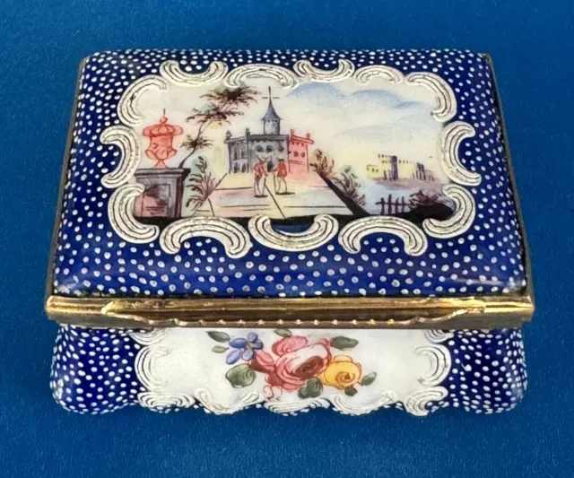 Antique-Bilston-Battersea-Enamel-Floral-Pastoral Scene-Gold Gilt-Snuff Box-Patch