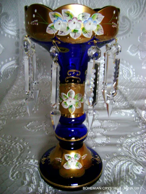 Last One! Czech Slavia Hi Enam Cobalt Blue Crystal Glass Mantle Lustre Vase Nib