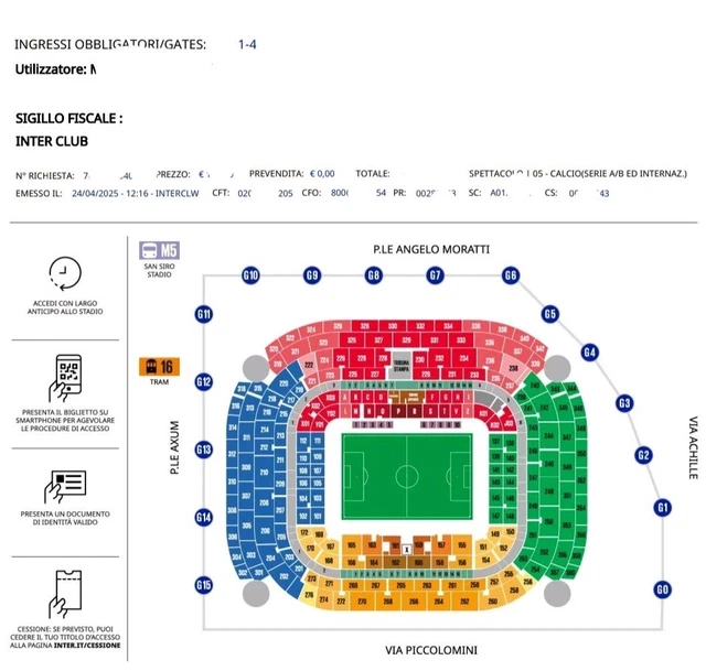 BIGLIETTO INTER BARCELLONA Champions League 6 Maggio 2025 Primo Anello ...