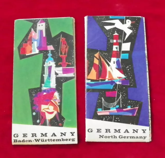 2 Vintage 1960's Maps North Germany & Baden-Wurttemberg Hans Schmandt Illustrate