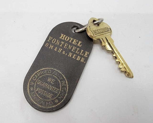VINTAGE HOTEL FONTENELLE Shoe Shine Locker Key & Leather Fob Omaha