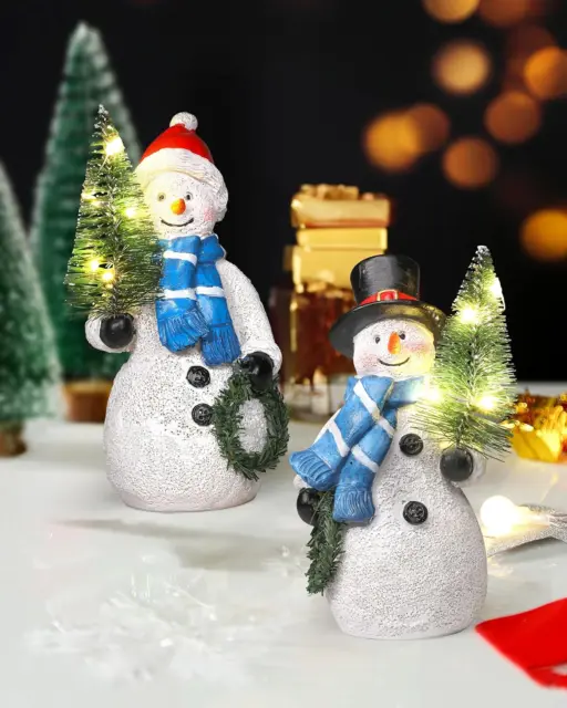 "Magical Lighted Snowman Figurines with Christmas Tree and Wreath - Set of 2, 5'