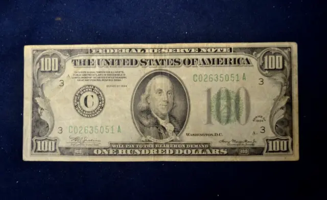 1934-A $100 Philadelphia Federal Reserve Note Fr. 2152-C Dark Green Seal