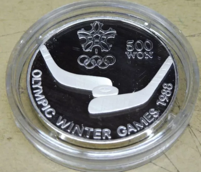 1988 S KOREA Large  Silver Proof  500 Won- Olympic Hockey