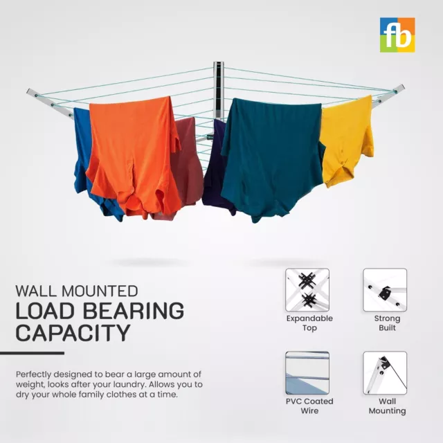 5Arm Wall Mounted Rotary Airer Folding Concertina Clothes Dryer 26m Washing Line