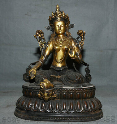 12,8 "vieille Chine rouge cuivre or bouddhisme vert Tara déesse Lotus Sculpture
