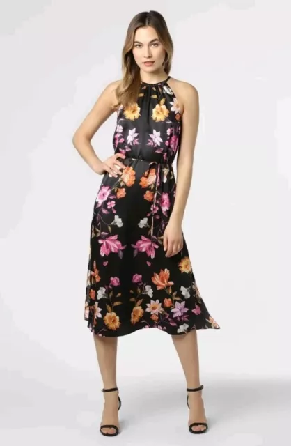 BNWT £160 Ted Baker Size 3 UK 10 12 14 Black Floral Print Midi Dress Evening