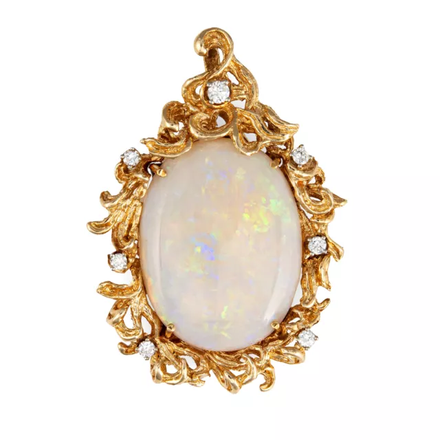 Large 19ct Opal Diamond Pendant 70s Vintage 14k Yellow Gold Estate Fine Jewelry