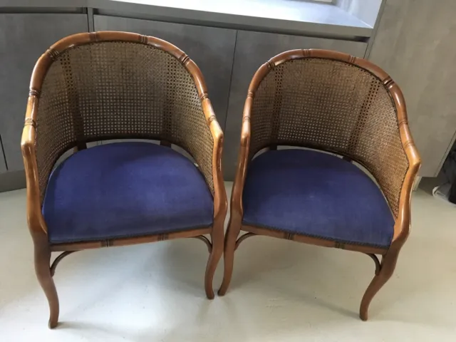 🪑Pair Antique Barrel Bergere Chair Chairs Rattan Cane Carved Bamboo Beech Wood